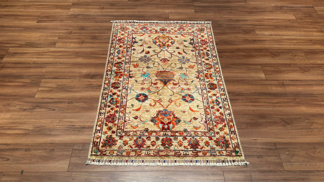 Sultani Floral Original Hand Woven Beige Root Dye Wool Carpet 101x147 1.48 Square Meters - 3x4 ft 