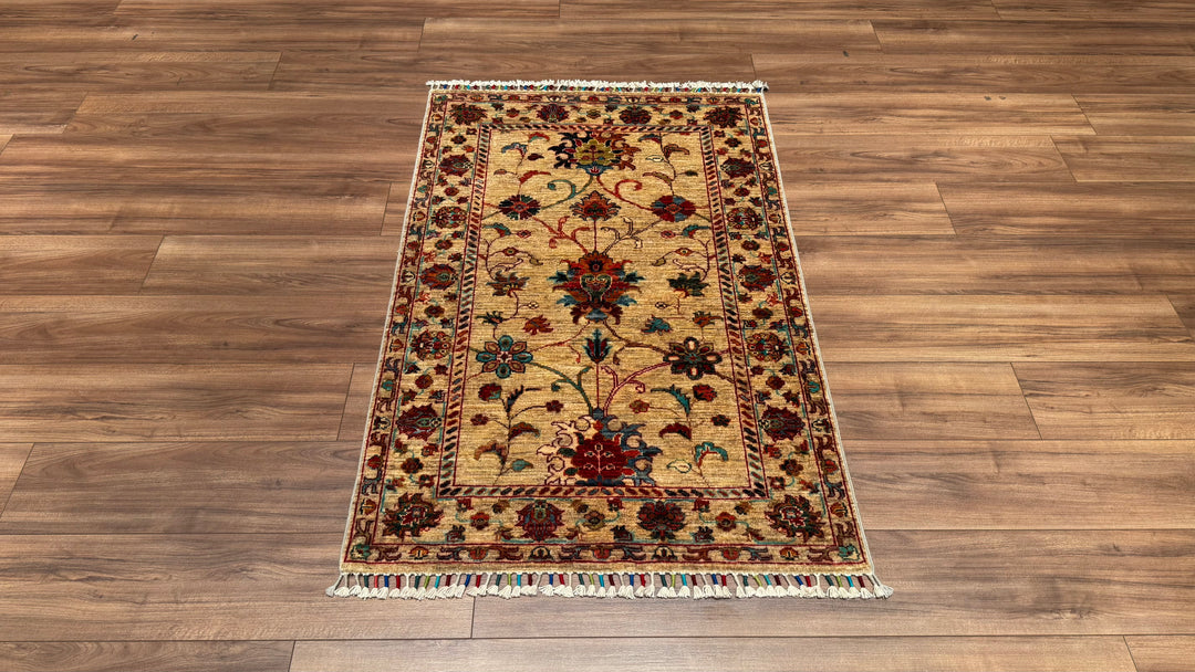 Sultani Floral Original Hand Woven Beige Root Dye Wool Carpet 0.93x143 1.33 Square Meters - 3x4 ft 