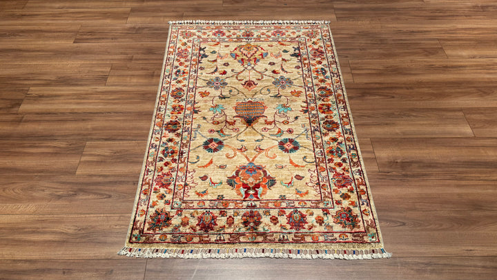 Sultani Çiçekli Orjinal El Dokuması Bej Kök Boya Yün Halı 101x147 1.48 Metrekare - 3x4 ft