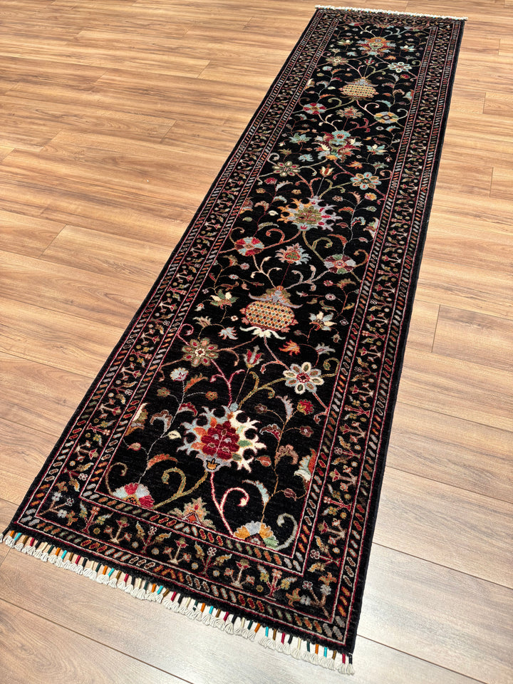 Sultani One Thousand and One Nights Runner Rug, Original Handwoven Black Natural Dye Wool Carpet, 0.83x309 cm (2.56 square meters) - 3x10 ft 