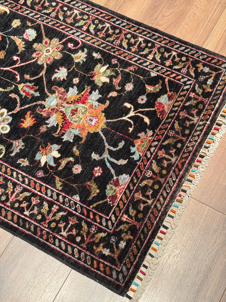 Sultani One Thousand and One Nights Runner Rug, Original Handwoven Black Natural Dye Wool Carpet, 0.83x309 cm (2.56 square meters) - 3x10 ft 