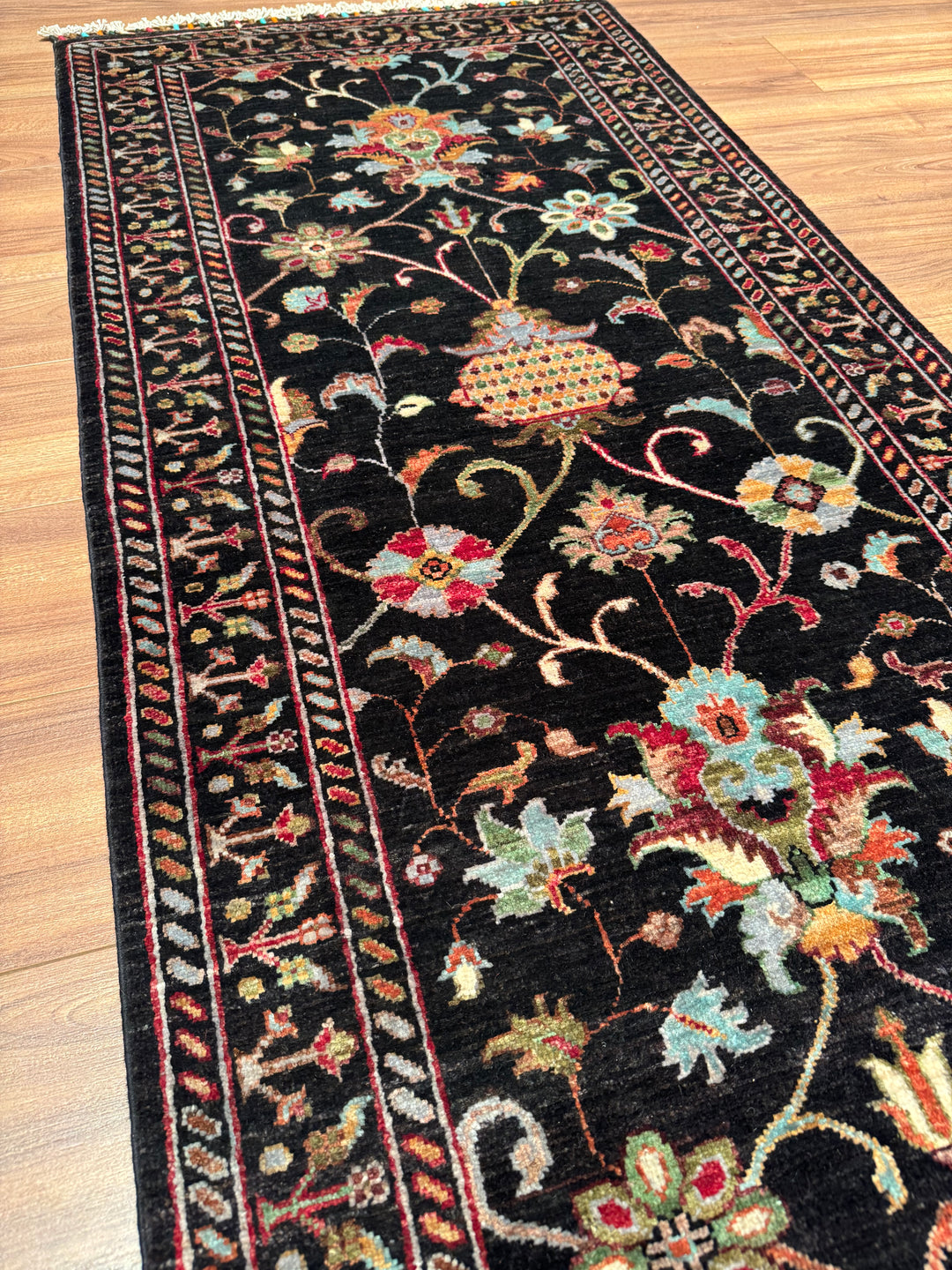 Sultani One Thousand and One Nights Runner Rug, Original Handwoven Black Natural Dye Wool Carpet, 0.83x309 cm (2.56 square meters) - 3x10 ft 