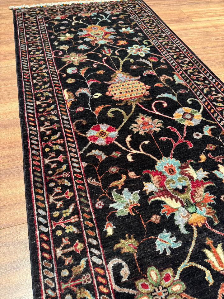 Sultani One Thousand and One Nights Runner Rug, Original Handwoven Black Natural Dye Wool Carpet, 0.83x309 cm (2.56 square meters) - 3x10 ft 