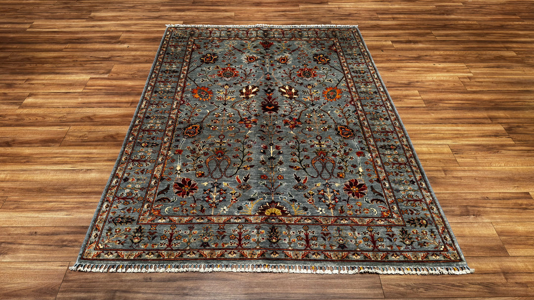 Sultani Floral Original Hand Woven Gray Root Dye Wool Carpet 175x240 4.20 Square Meters - 5x8 ft 