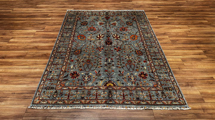 Sultani Floral Original Hand Woven Gray Root Dye Wool Carpet 175x240 4.20 Square Meters - 5x8 ft 