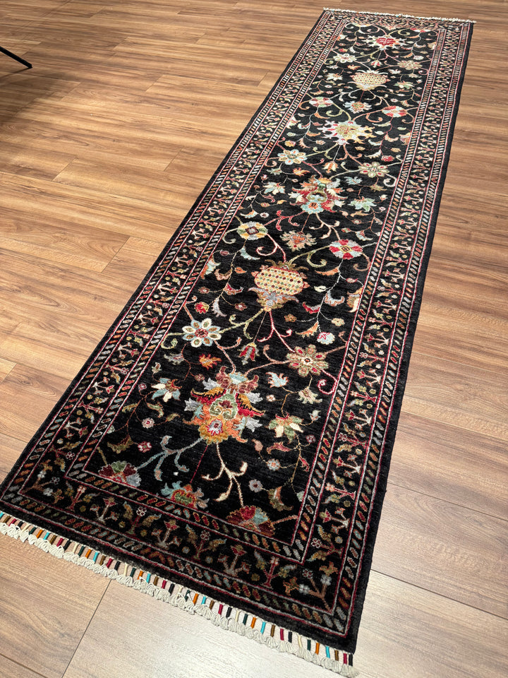 Sultani One Thousand and One Nights Runner Rug, Original Handwoven Black Natural Dye Wool Carpet, 0.83x309 cm (2.56 square meters) - 3x10 ft 