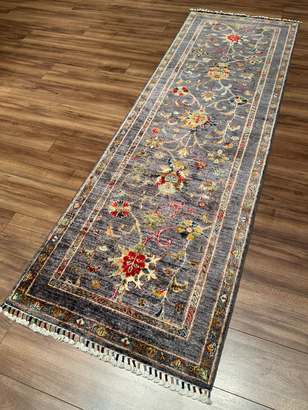Sultani One Thousand and One Nights Runner Rug, Original Handwoven Grey Natural Dye Wool Carpet, 0.79x247 cm (1.95 square meters) - 3x7 ft 