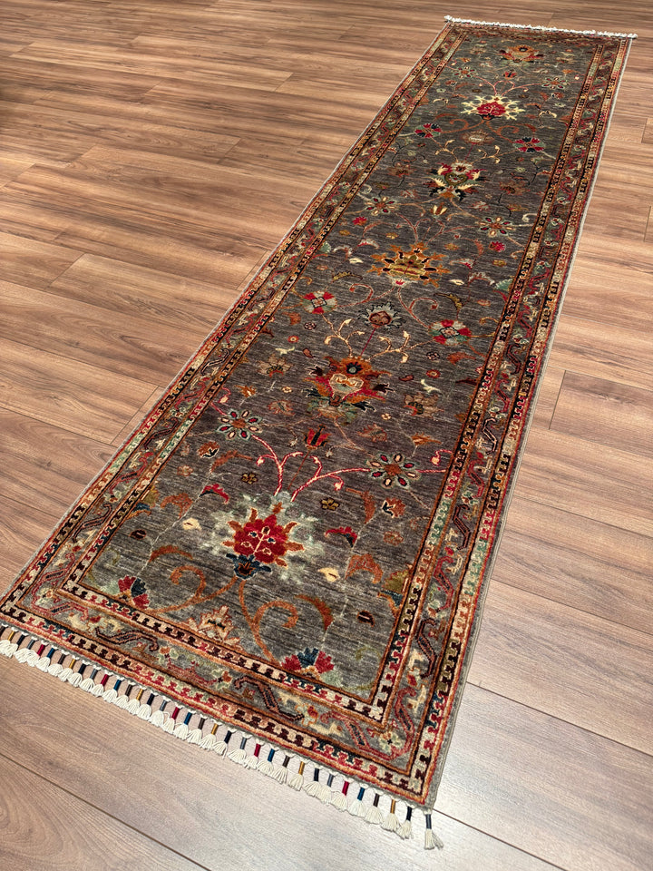 Sultani One Thousand and One Nights Runner Rug, Original Handwoven Grey Natural Dye Wool Carpet, 0.79x303 cm (2.39 square meters) - 3x10 ft 