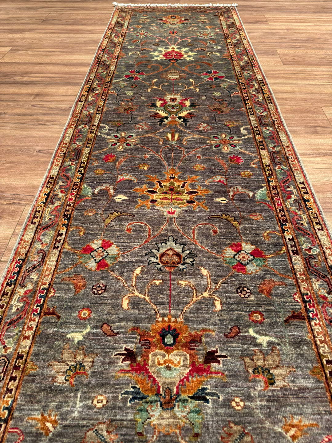 Sultani One Thousand and One Nights Runner Rug, Original Handwoven Grey Natural Dye Wool Carpet, 0.79x303 cm (2.39 square meters) - 3x10 ft 