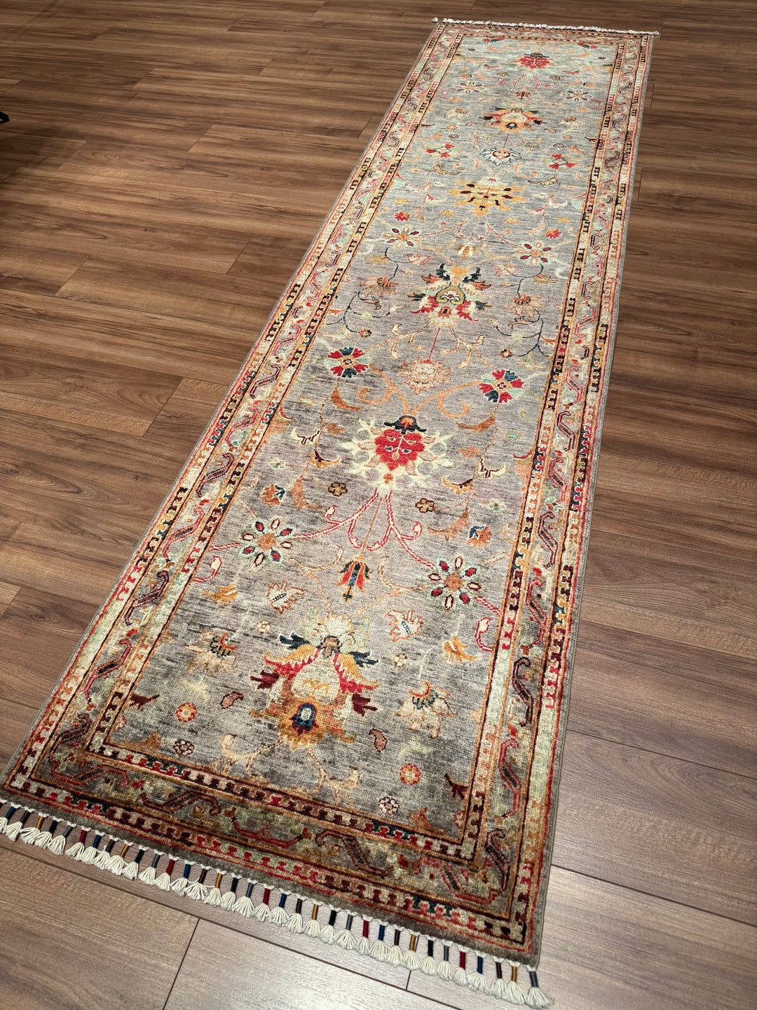 Sultani One Thousand and One Nights Runner Rug, Original Handwoven Grey Natural Dye Wool Carpet, 0.79x303 cm (2.39 square meters) - 3x10 ft 