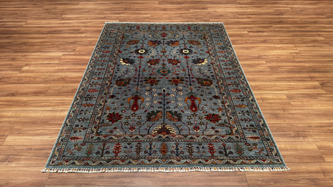 Sultani Floral Original Hand Woven Gray Root Dye Wool Carpet 174x238 4.14 Square Meters - 5x8 ft 