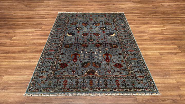 Sultani Çiçekli Orjinal El Dokuması Gri Kök Boya Yün Halı 174x238 4.14 Metrekare - 5x8 ft