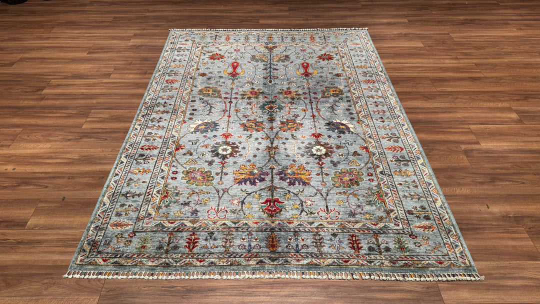 Sultani Floral Original Hand Woven Gray Root Dye Wool Carpet 174x238 4.14 Square Meters - 5x8 ft 