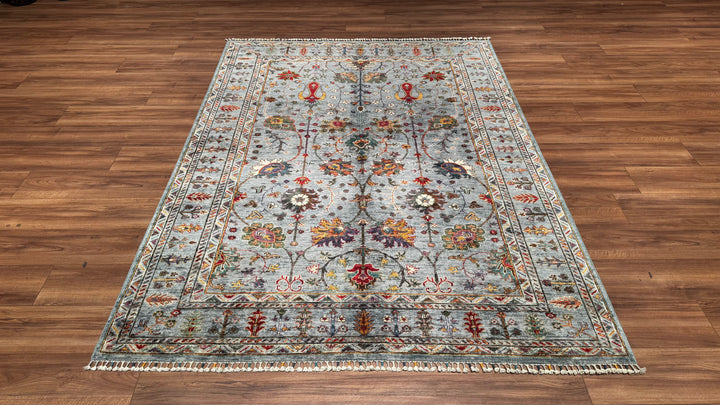 Sultani Çiçekli Orjinal El Dokuması Gri Kök Boya Yün Halı 174x238 4.14 Metrekare - 5x8 ft