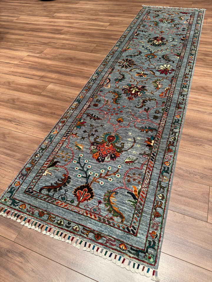 Sultani One Thousand and One Nights Runner Rug, Original Handwoven Grey Natural Dye Wool Carpet, 0.81x302 cm (2.45 square meters) - 3x10 ft 