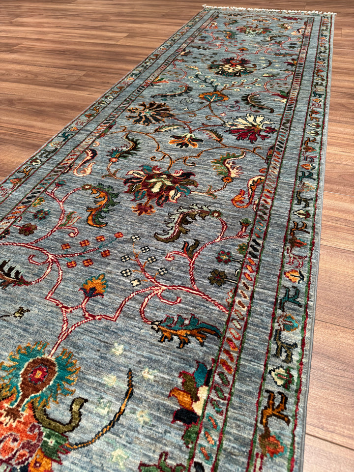 Sultani One Thousand and One Nights Runner Rug, Original Handwoven Grey Natural Dye Wool Carpet, 0.81x302 cm (2.45 square meters) - 3x10 ft 