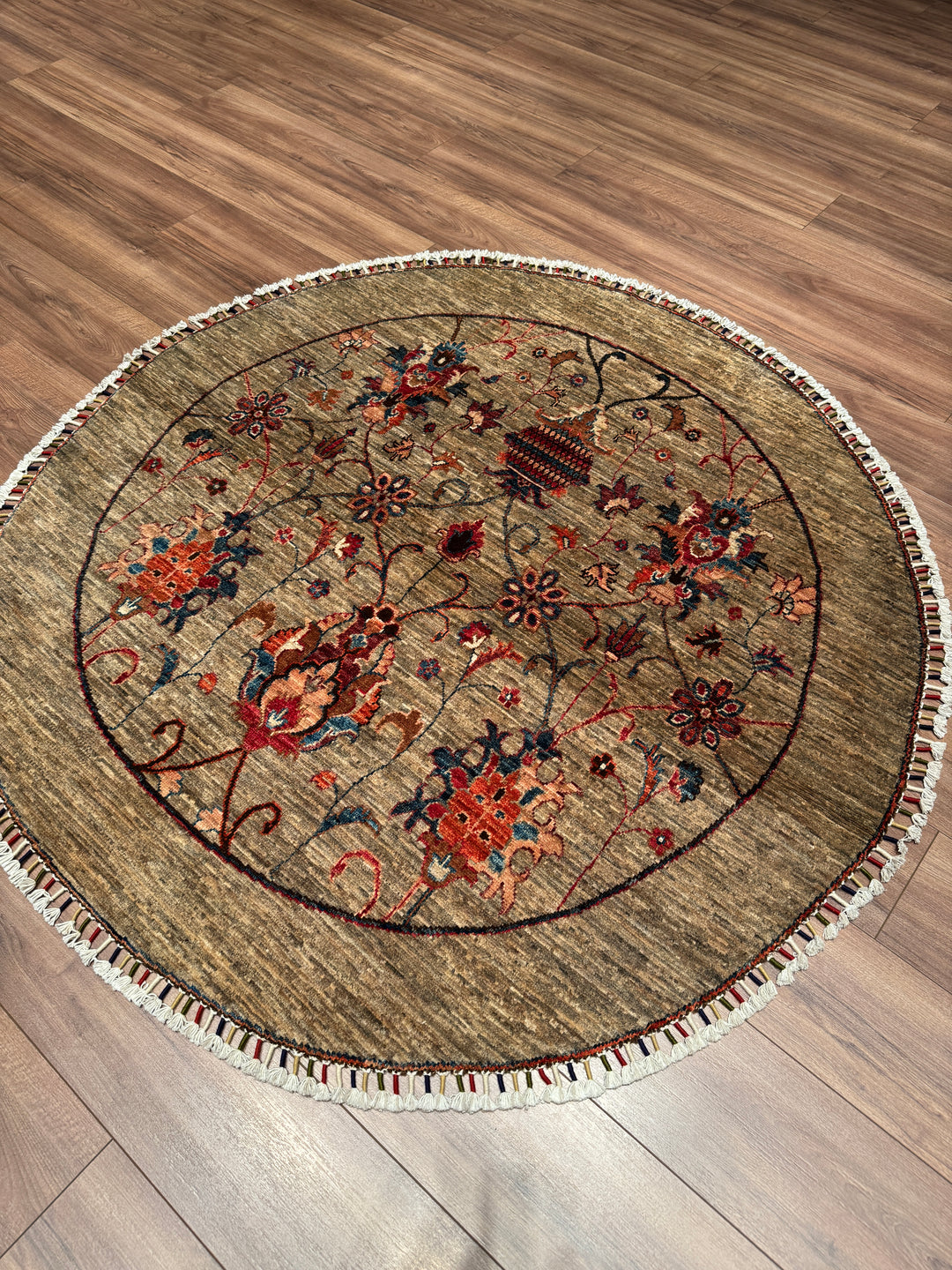 Sultani Binbirgece Yuvarlak Orijinal El Dokuması Bej Kök Boya Yün Halı 153x155 2.37 Metrekare - 5x5 ft