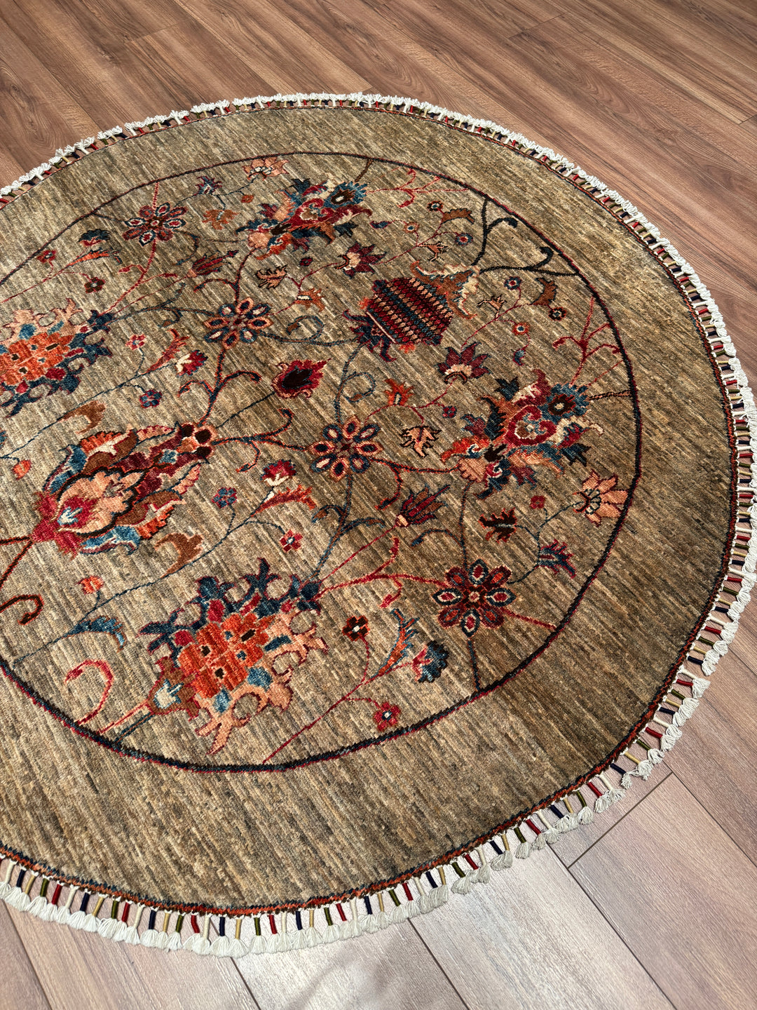 Sultani Binbirgece Yuvarlak Orijinal El Dokuması Bej Kök Boya Yün Halı 153x155 2.37 Metrekare - 5x5 ft