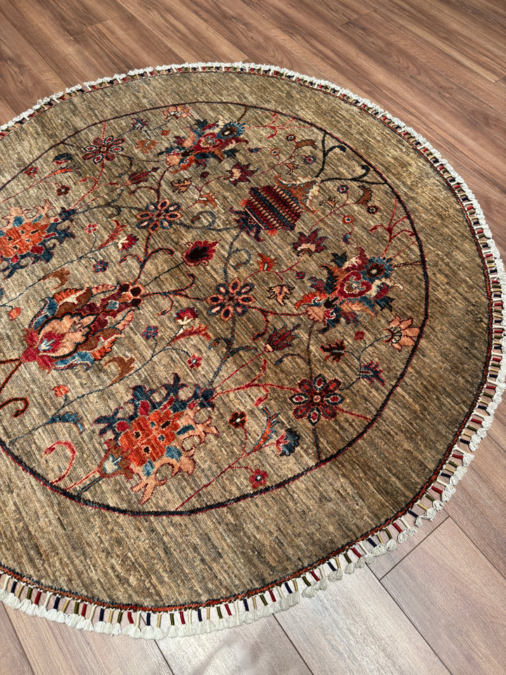 Sultani Binbirgece Yuvarlak Orijinal El Dokuması Bej Kök Boya Yün Halı 153x155 2.37 Metrekare - 5x5 ft