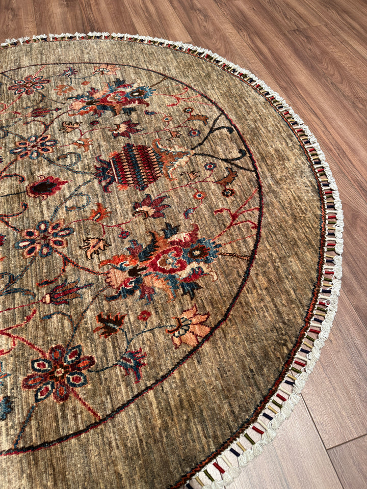 Sultani Binbirgece Yuvarlak Orijinal El Dokuması Bej Kök Boya Yün Halı 153x155 2.37 Metrekare - 5x5 ft