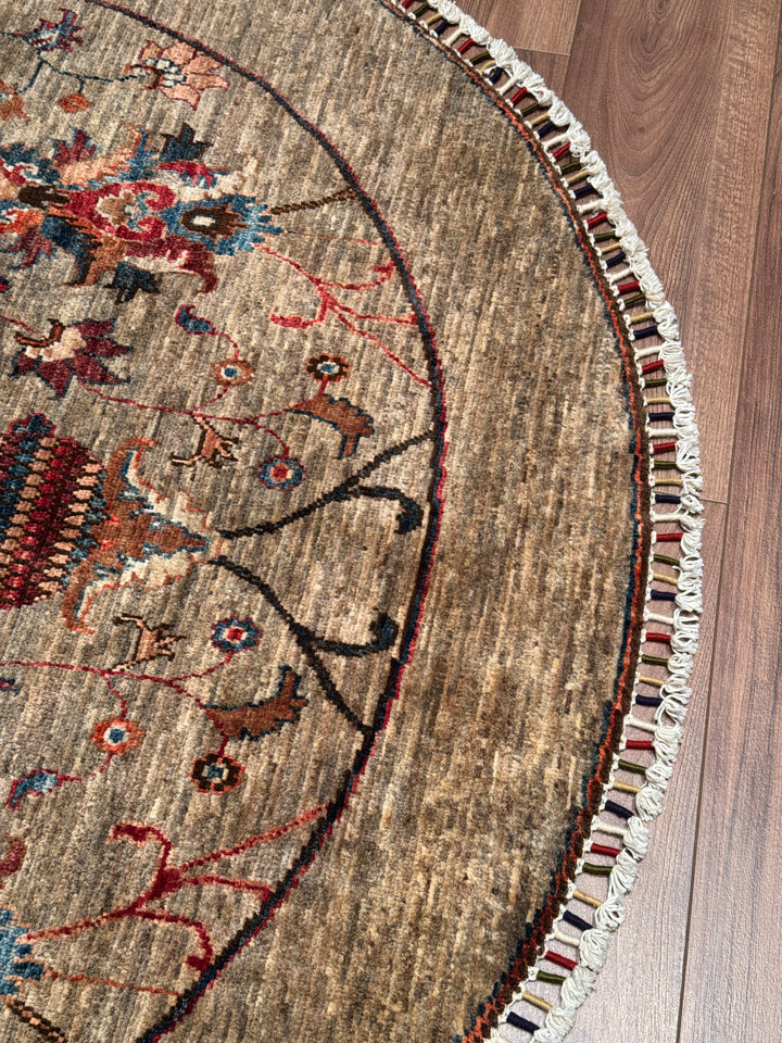 Sultani Binbirgece Yuvarlak Orijinal El Dokuması Bej Kök Boya Yün Halı 153x155 2.37 Metrekare - 5x5 ft