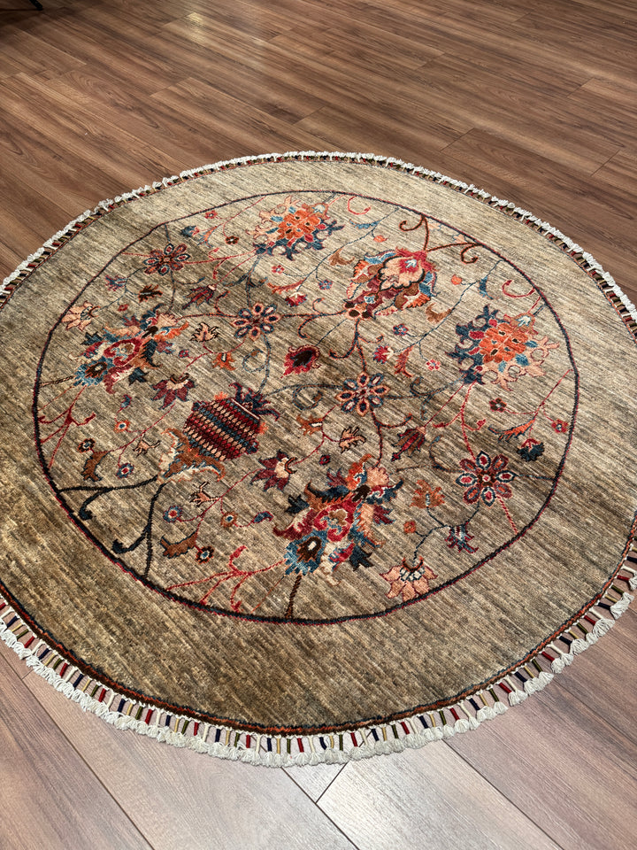 Sultani Binbirgece Yuvarlak Orijinal El Dokuması Bej Kök Boya Yün Halı 153x155 2.37 Metrekare - 5x5 ft