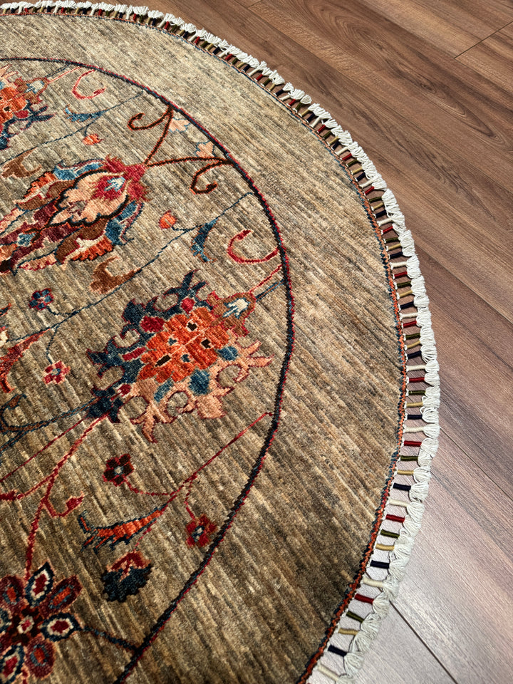 Sultani Binbirgece Yuvarlak Orijinal El Dokuması Bej Kök Boya Yün Halı 153x155 2.37 Metrekare - 5x5 ft