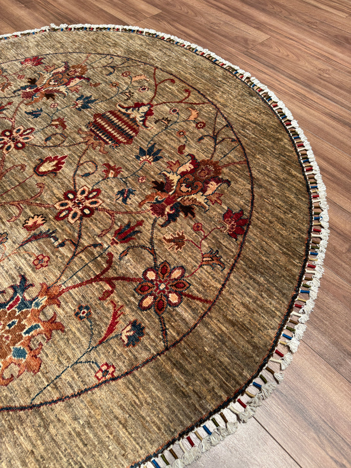 Sultani Binbirgece Yuvarlak Orijinal El Dokuması Bej Kök Boya Yün Halı 153x156 2.39 Metrekare - 5x5 ft