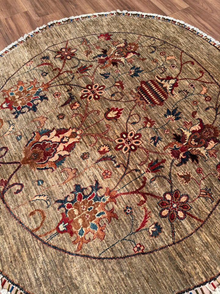 Sultani Binbirgece Yuvarlak Orijinal El Dokuması Bej Kök Boya Yün Halı 153x156 2.39 Metrekare - 5x5 ft