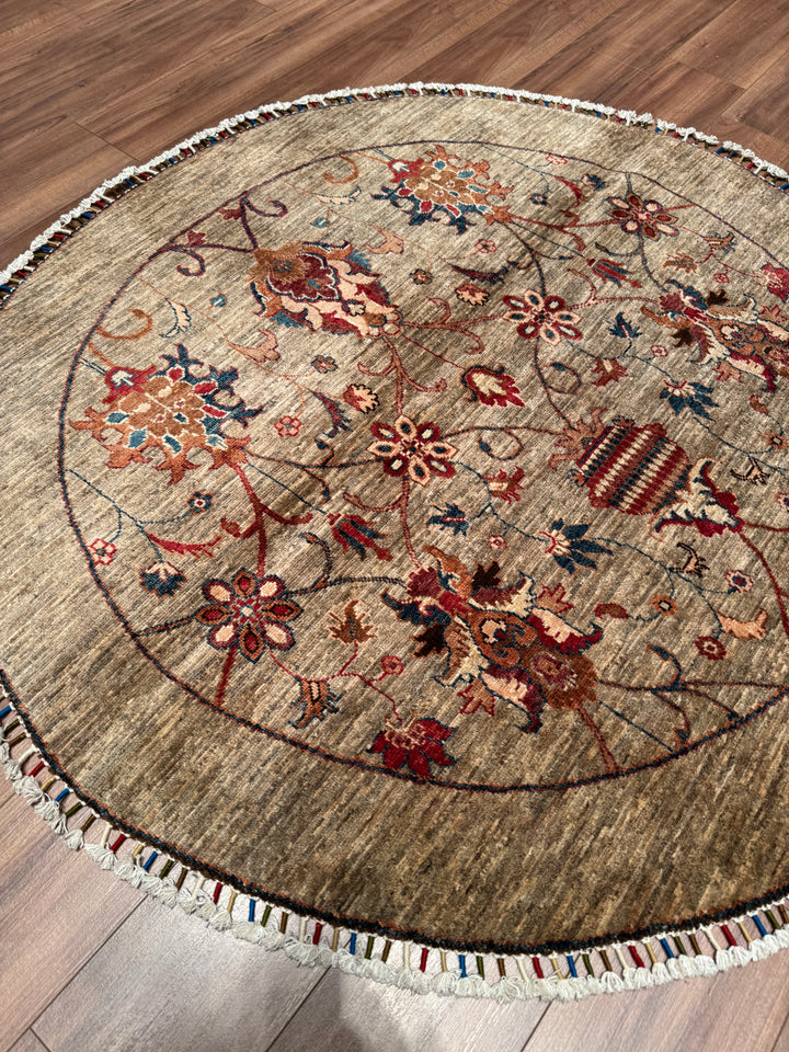 Sultani Binbirgece Yuvarlak Orijinal El Dokuması Bej Kök Boya Yün Halı 153x156 2.39 Metrekare - 5x5 ft