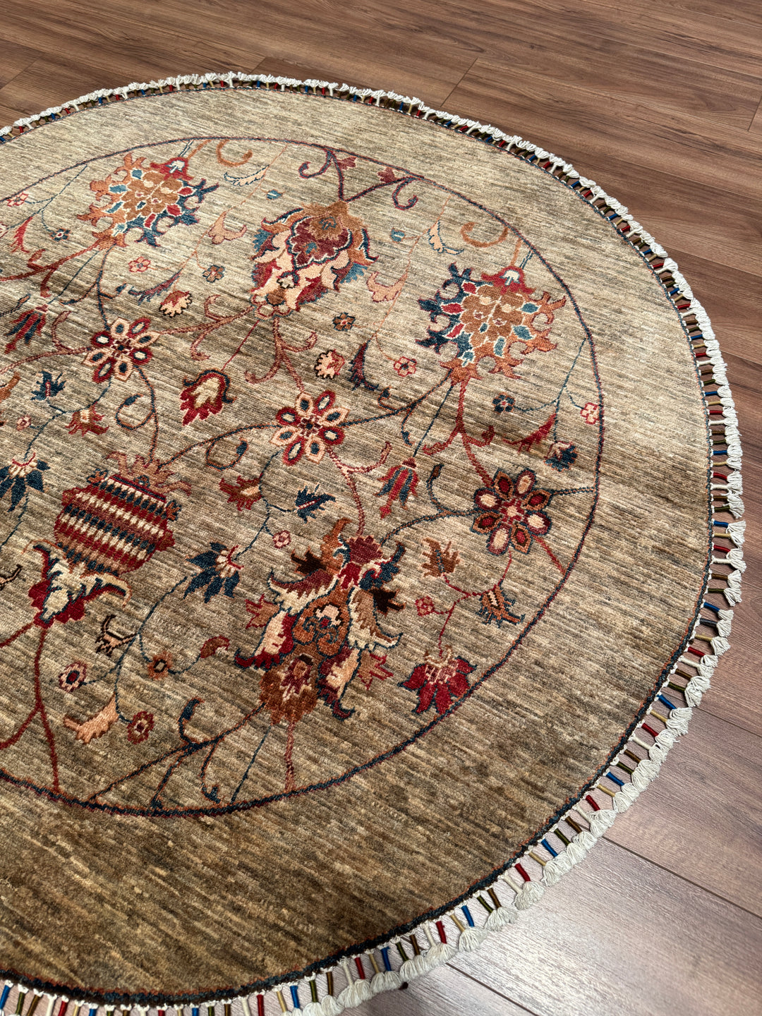 Sultani Binbirgece Yuvarlak Orijinal El Dokuması Bej Kök Boya Yün Halı 153x156 2.39 Metrekare - 5x5 ft
