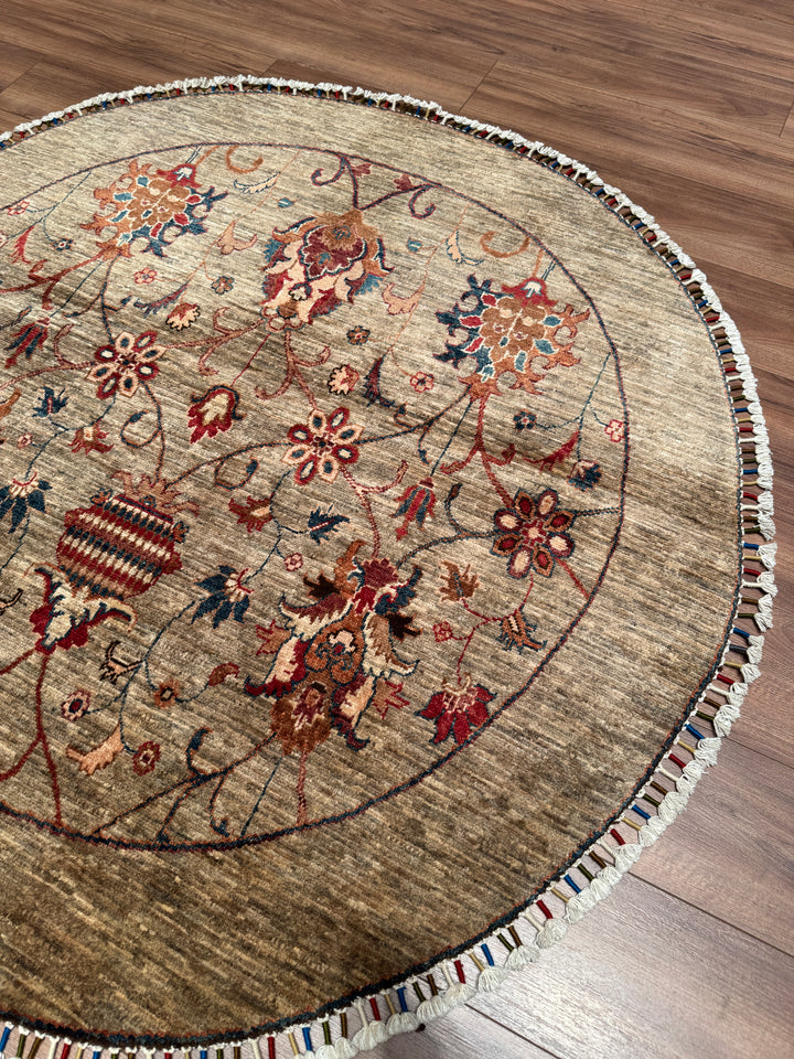 Sultani Binbirgece Yuvarlak Orijinal El Dokuması Bej Kök Boya Yün Halı 153x156 2.39 Metrekare - 5x5 ft
