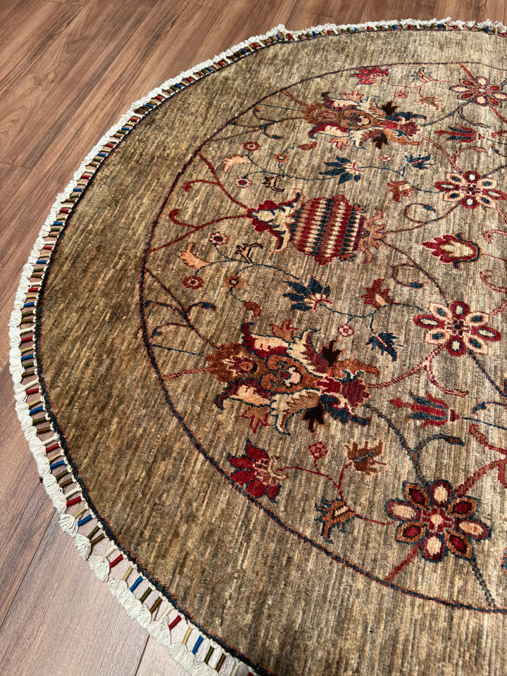Sultani Binbirgece Yuvarlak Orijinal El Dokuması Bej Kök Boya Yün Halı 153x156 2.39 Metrekare - 5x5 ft
