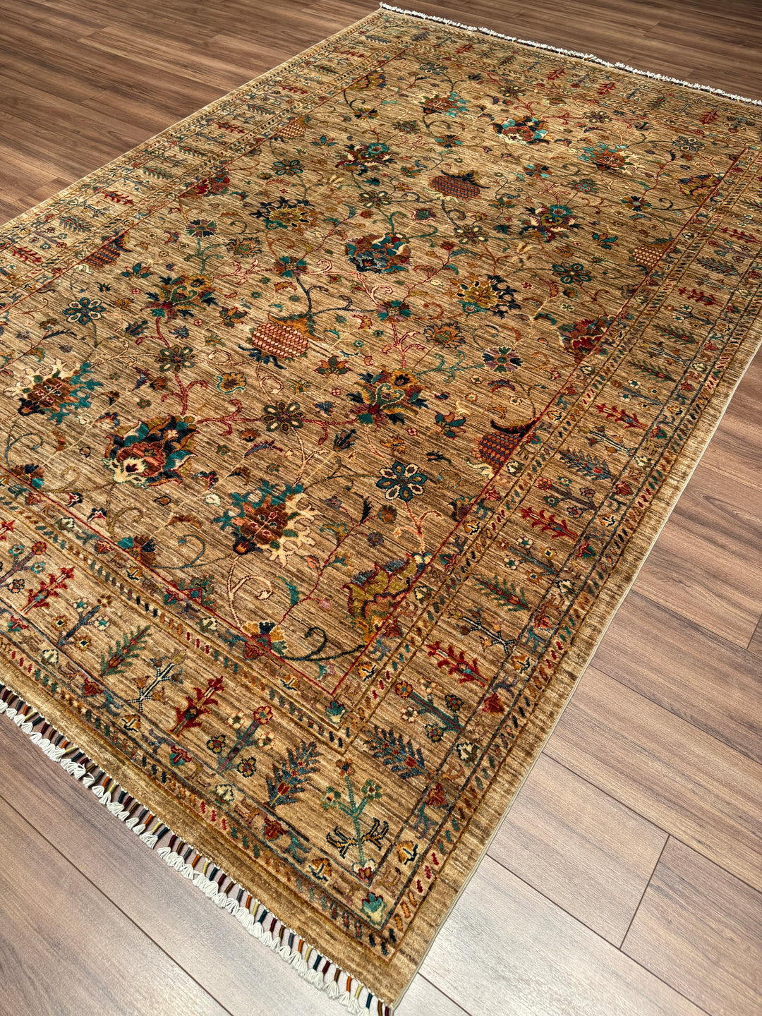 Sultani Binbirgece Orijinal El Dokuması Bej Kök Boya Yün Halı 208x296 6.16 Metrekare - 7x10 ft