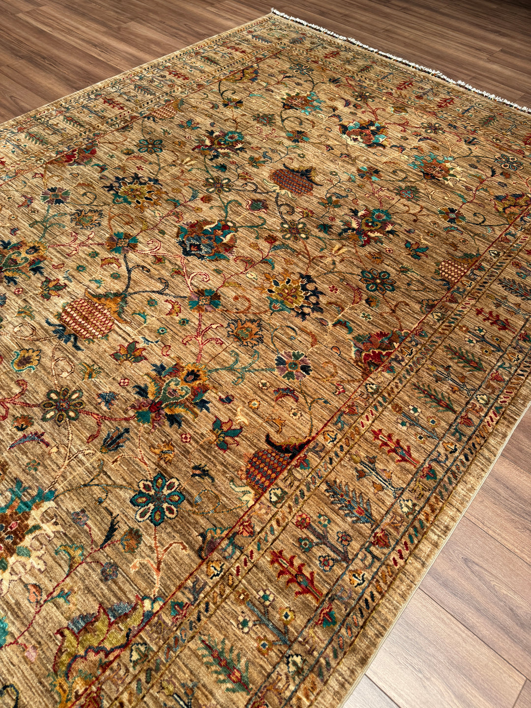 Sultani Binbirgece Orijinal El Dokuması Bej Kök Boya Yün Halı 208x296 6.16 Metrekare - 7x10 ft