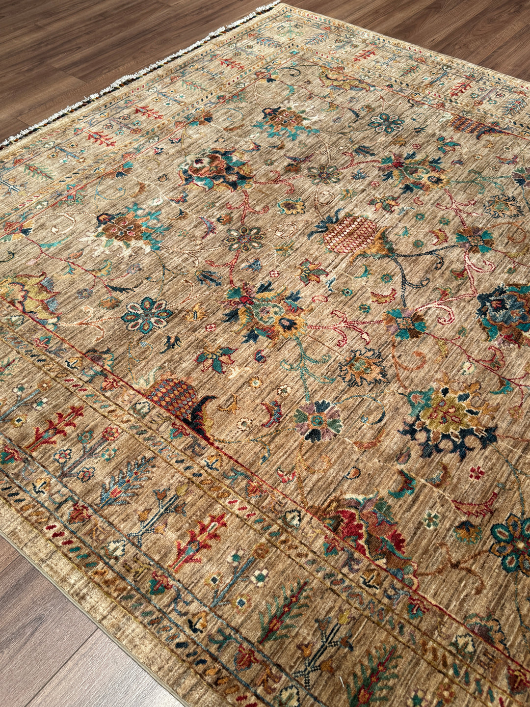 Sultani Binbirgece Orijinal El Dokuması Bej Kök Boya Yün Halı 208x296 6.16 Metrekare - 7x10 ft