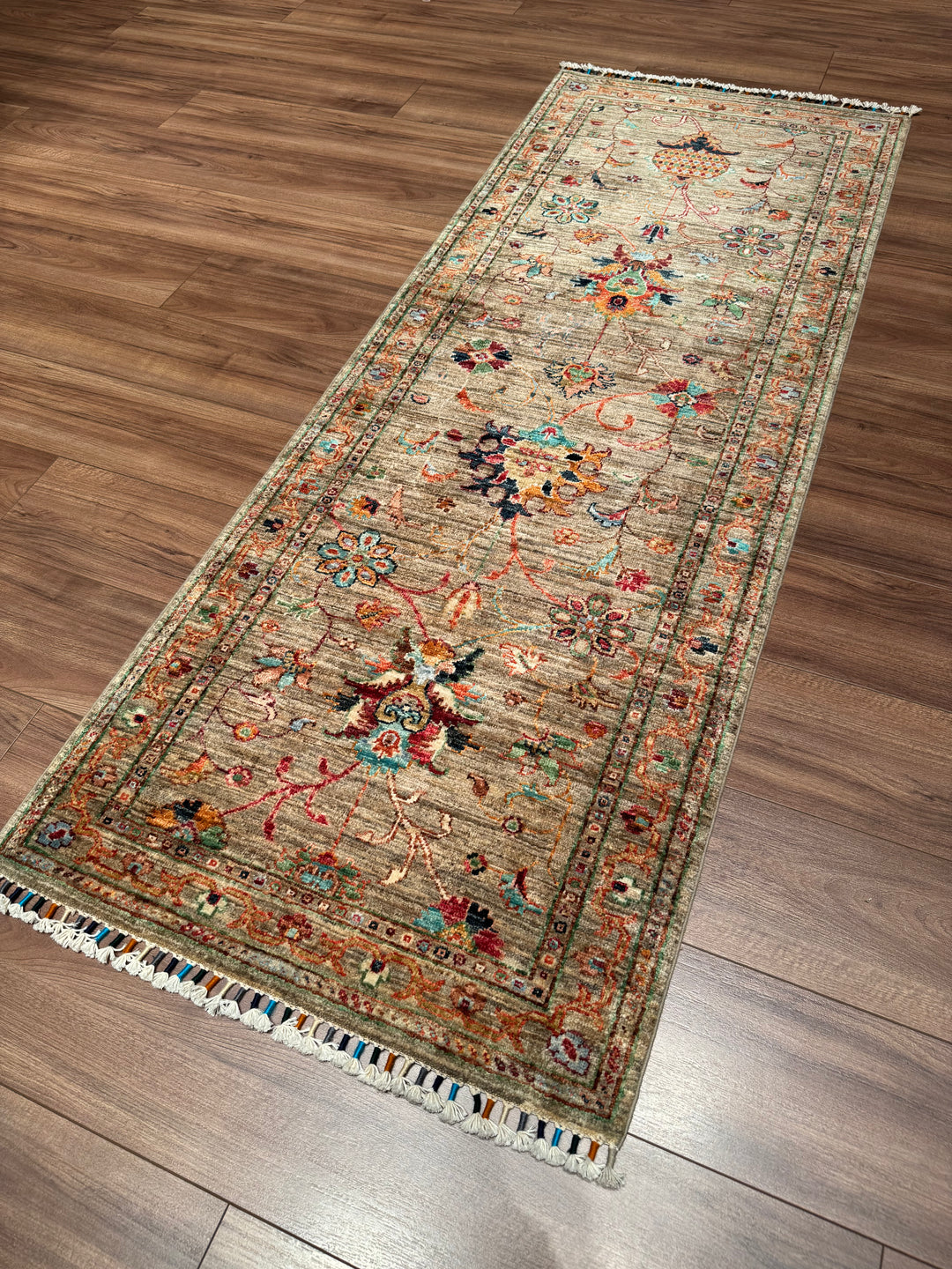 Sultani Binbirgece Yolluk Orijinal El Dokuması Bej Kök Boya Yün Halı 0.77x205 1.58 Metrekare - 3x6 ft