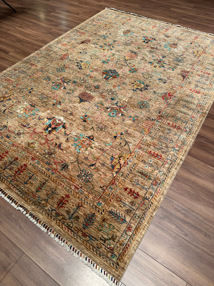 Sultani Binbirgece Orijinal El Dokuması Bej Kök Boya Yün Halı 208x296 6.16 Metrekare - 7x10 ft