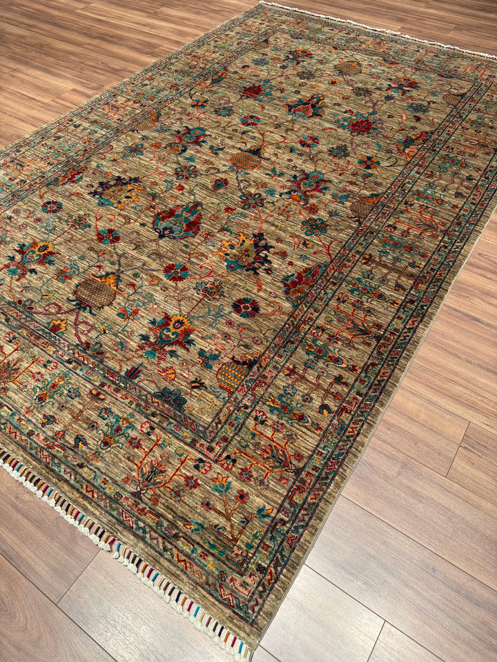 Sultani Binbirgece Orijinal El Dokuması Bej Kök Boya Yün Halı 201x308 6.19 Metrekare - 7x10 ft