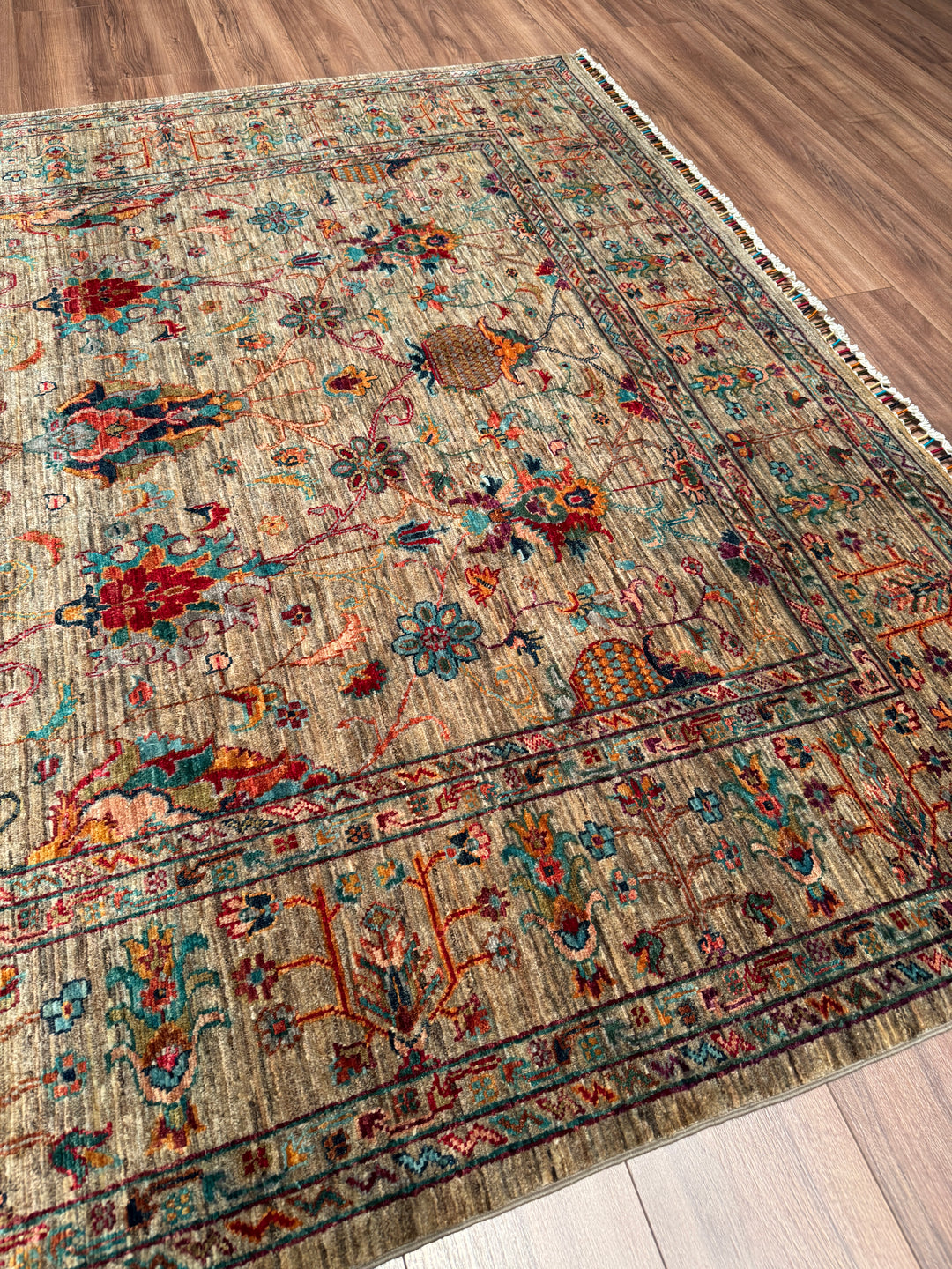 Sultani Binbirgece Orijinal El Dokuması Bej Kök Boya Yün Halı 201x308 6.19 Metrekare - 7x10 ft