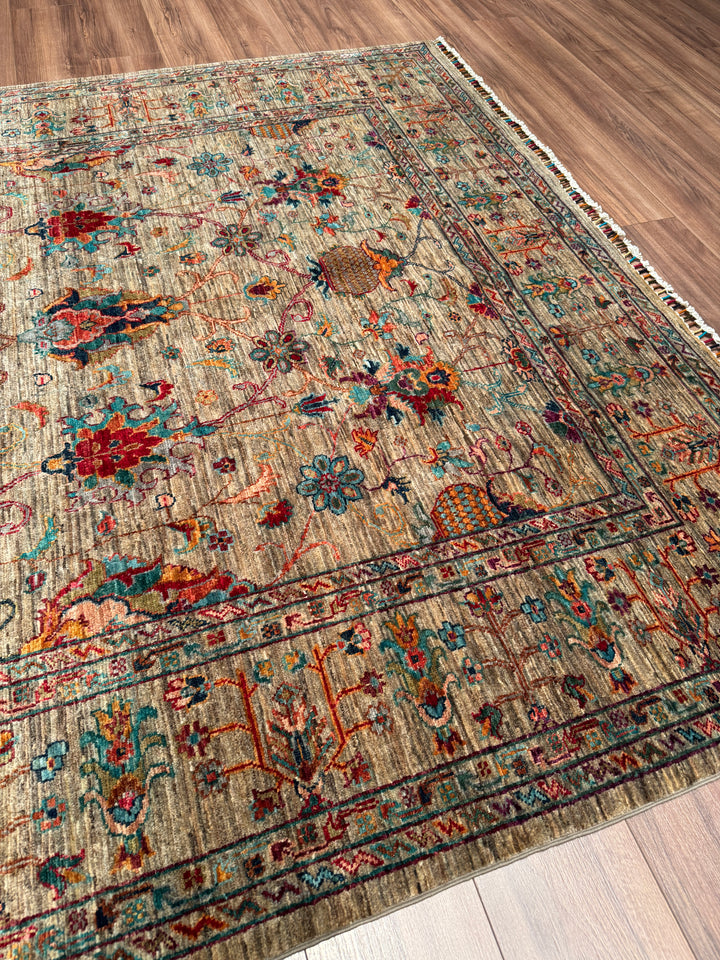 Sultani Binbirgece Orijinal El Dokuması Bej Kök Boya Yün Halı 201x308 6.19 Metrekare - 7x10 ft