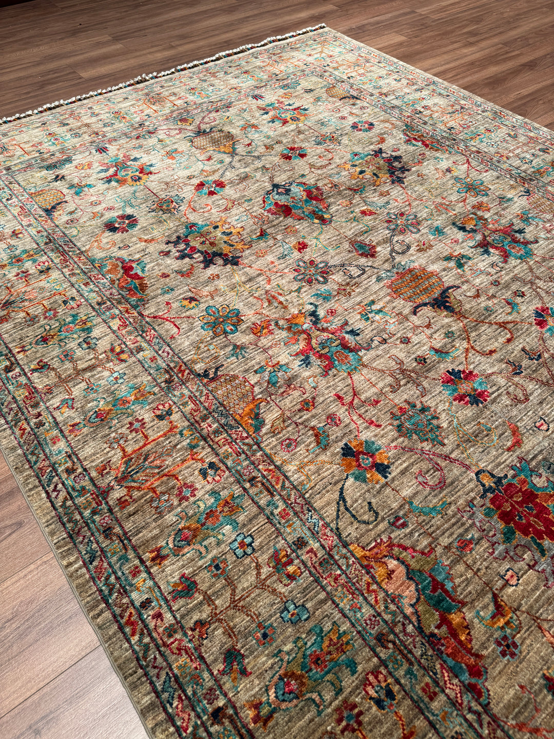 Sultani Binbirgece Orijinal El Dokuması Bej Kök Boya Yün Halı 201x308 6.19 Metrekare - 7x10 ft