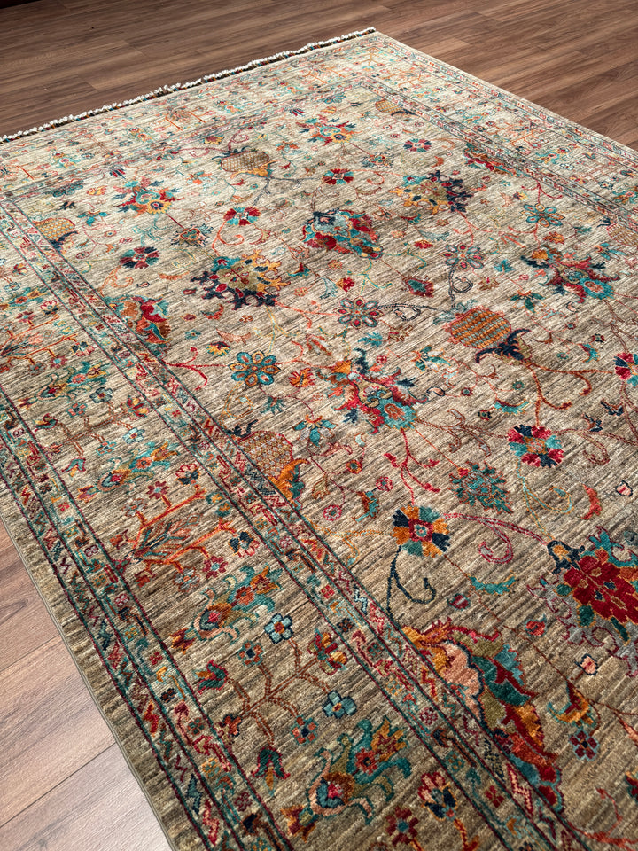 Sultani Binbirgece Orijinal El Dokuması Bej Kök Boya Yün Halı 201x308 6.19 Metrekare - 7x10 ft