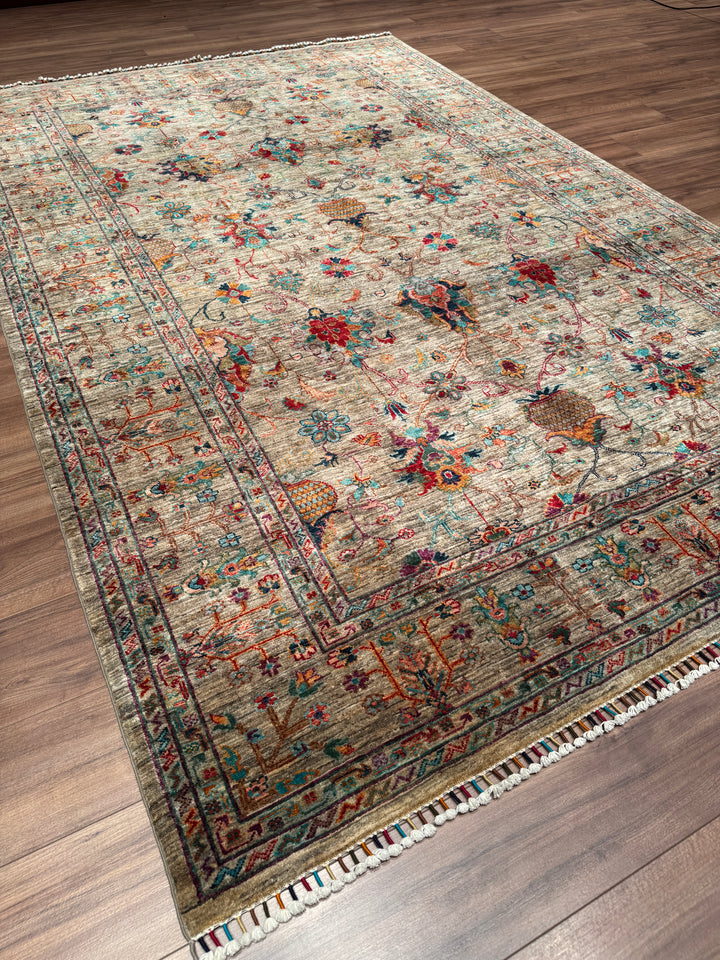 Sultani Binbirgece Orijinal El Dokuması Bej Kök Boya Yün Halı 201x308 6.19 Metrekare - 7x10 ft