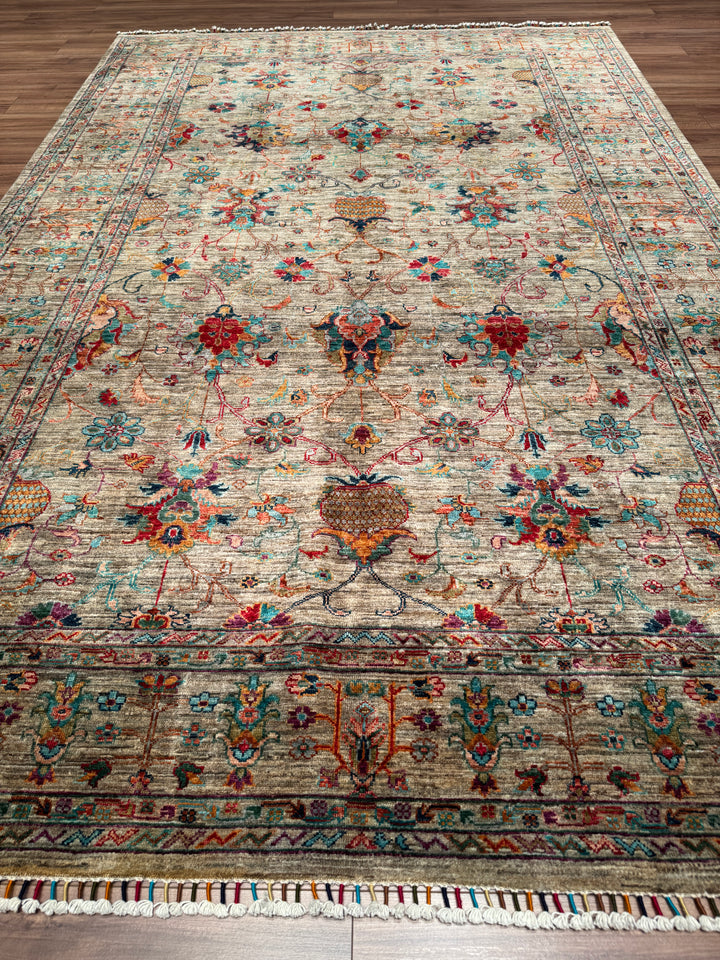 Sultani Binbirgece Orijinal El Dokuması Bej Kök Boya Yün Halı 201x308 6.19 Metrekare - 7x10 ft