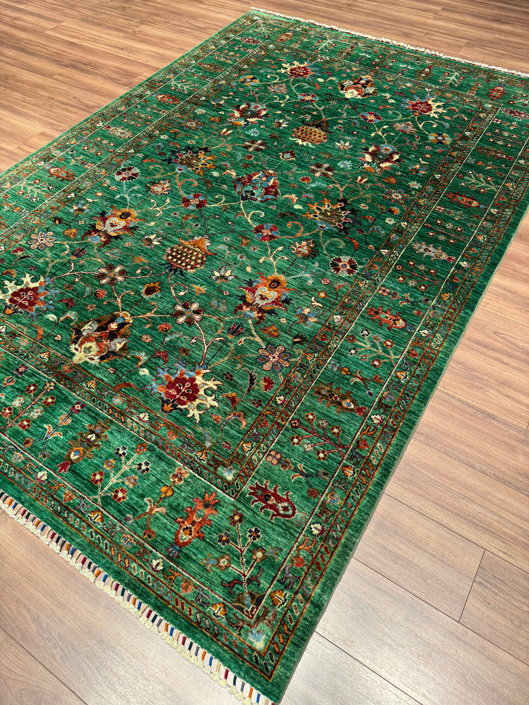 Sultani Binbirgece Orijinal El Dokuması Yeşil Kök Boya Yün Halı 202x295 5.96 Metrekare - 7x10 ft