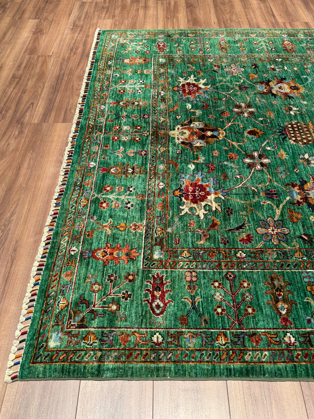 Sultani Binbirgece Orijinal El Dokuması Yeşil Kök Boya Yün Halı 202x295 5.96 Metrekare - 7x10 ft