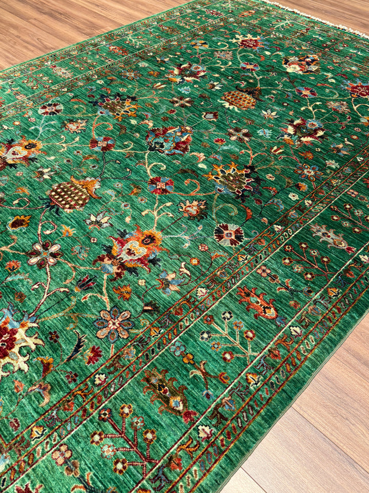 Sultani Binbirgece Orijinal El Dokuması Yeşil Kök Boya Yün Halı 202x295 5.96 Metrekare - 7x10 ft