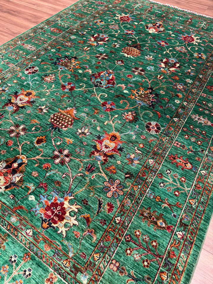 Sultani Binbirgece Orijinal El Dokuması Yeşil Kök Boya Yün Halı 202x295 5.96 Metrekare - 7x10 ft