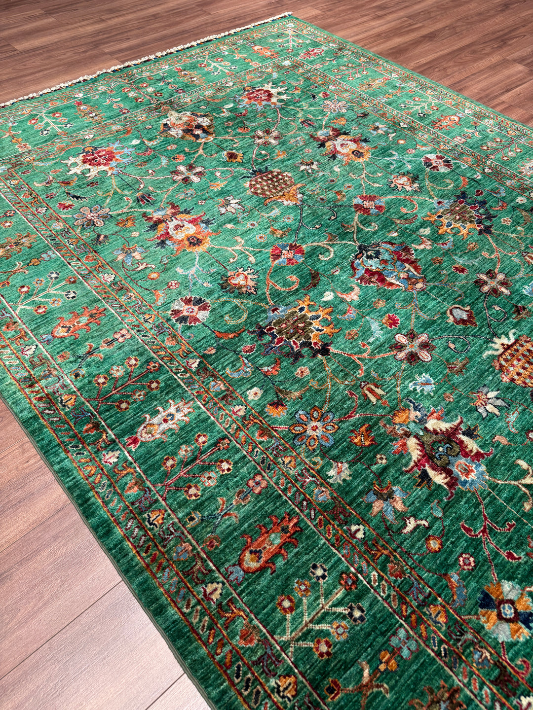 Sultani Binbirgece Orijinal El Dokuması Yeşil Kök Boya Yün Halı 202x295 5.96 Metrekare - 7x10 ft